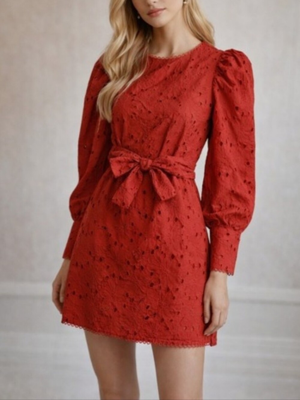 Happy X Nature Red Eyelet Long Puff Sleeve Mini Dress 12 Tie Waist
